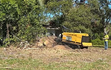 High-powered stump grinder clearing a hazardous tree base in Southwest Florida to eliminate tripping hazards