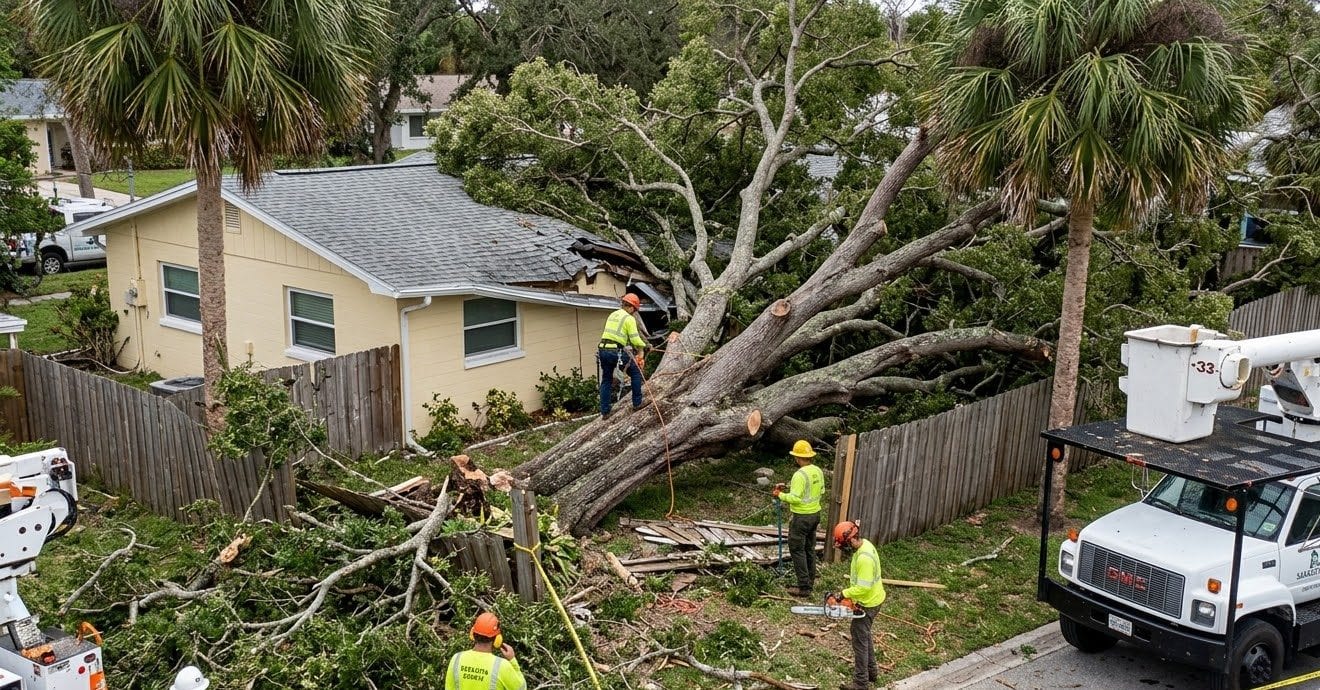 City tree fallen onto a residential property in Sarasota County, Florida, showing storm damage and a professional tree removal crew preparing to cut and remove the tree safely.