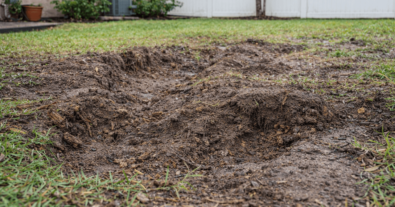 Uneven soil and ground sinking after tree removal in Sarasota County, Florida, residential yard