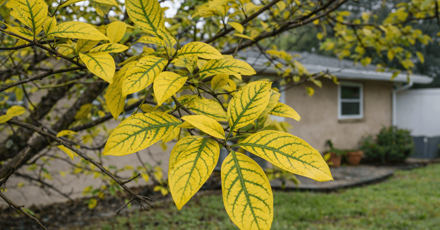 Yellow tree leaves caused by chlorosis on residential property in Venice, Florida