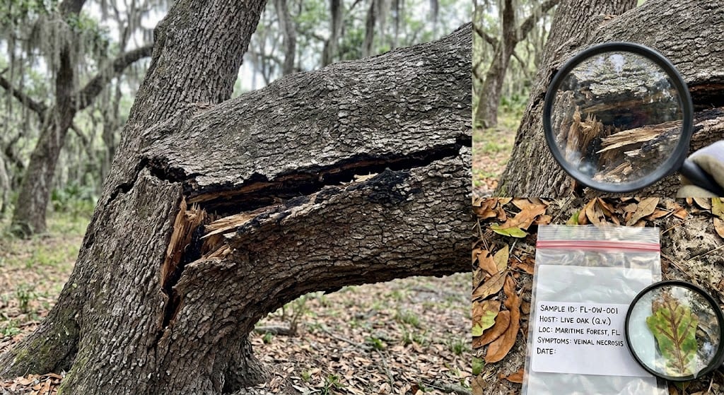 Horizontal crack across tree trunk showing structural failure risk
