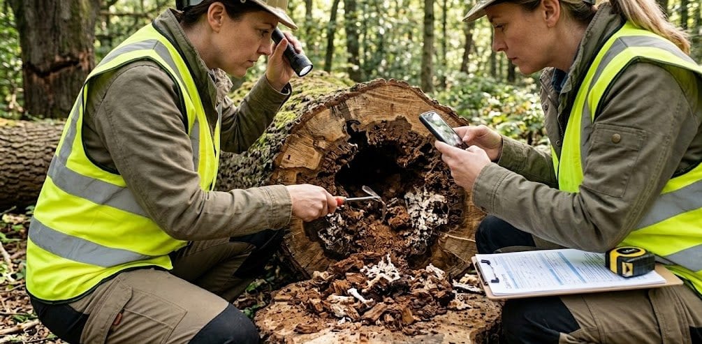 Insurance adjuster inspecting fallen tree stump showing internal rot