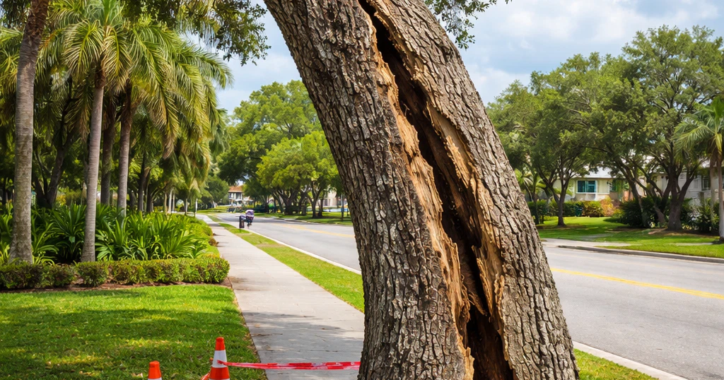 geenrate image Structurally unsafe tree with visible cracks and leaning trunk in Venice, FL