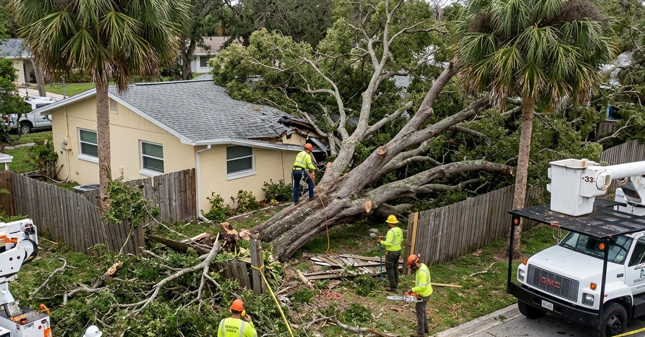 City tree fallen onto a residential property in Sarasota County, Florida, showing storm damage and a professional tree removal crew preparing to cut and remove the tree safely.