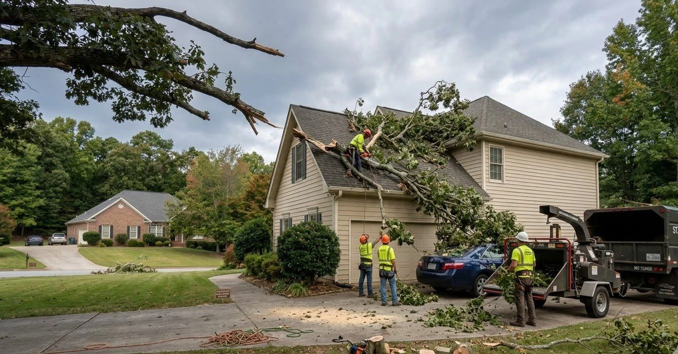 Tree removal in St. Charles County, MO, after storm damage, showing a professional crew cutting and removing a fallen tree near a home