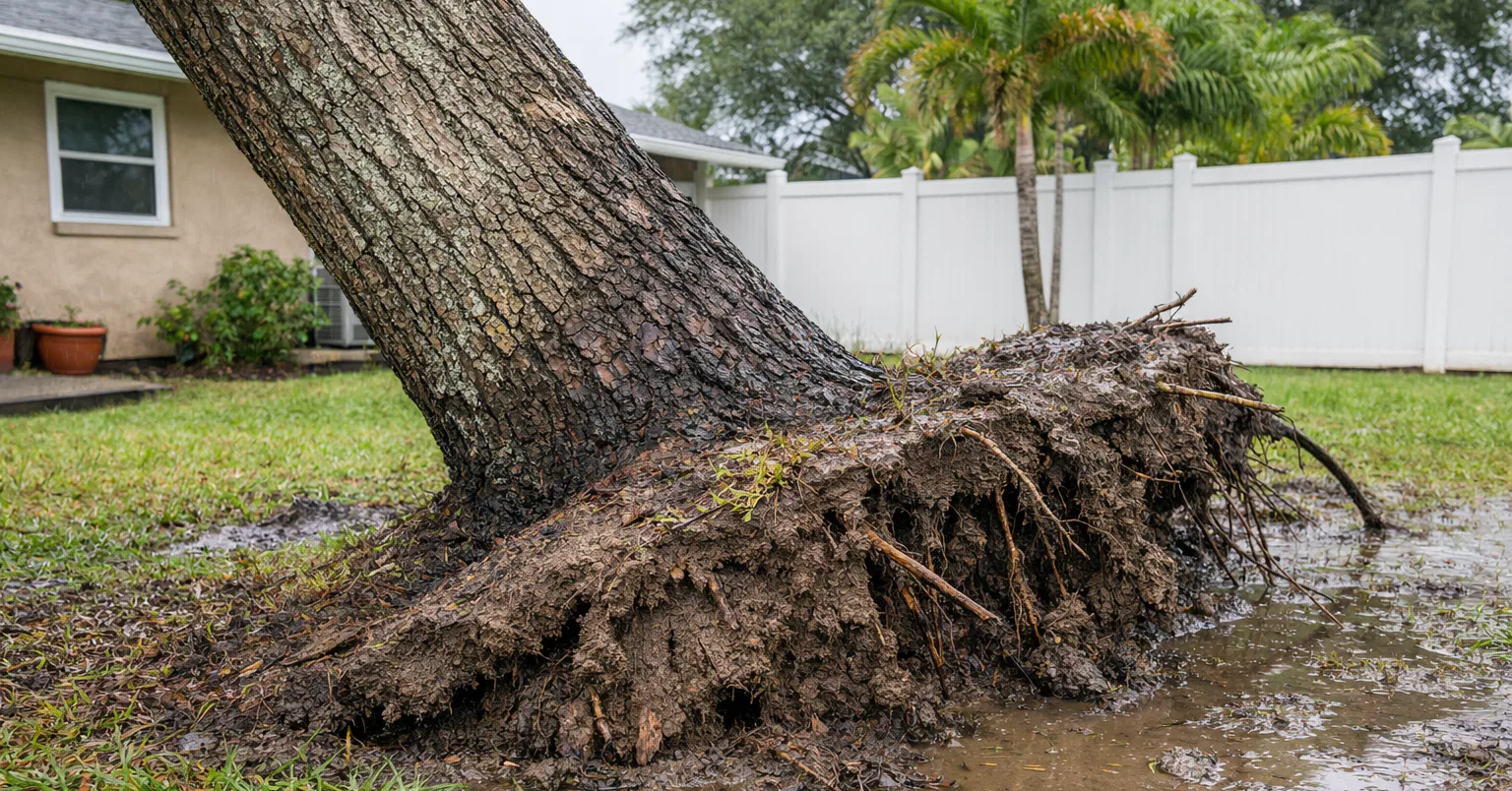 Leaning tree after heavy rain, showing root movement and soil saturation in Venice, residential yard