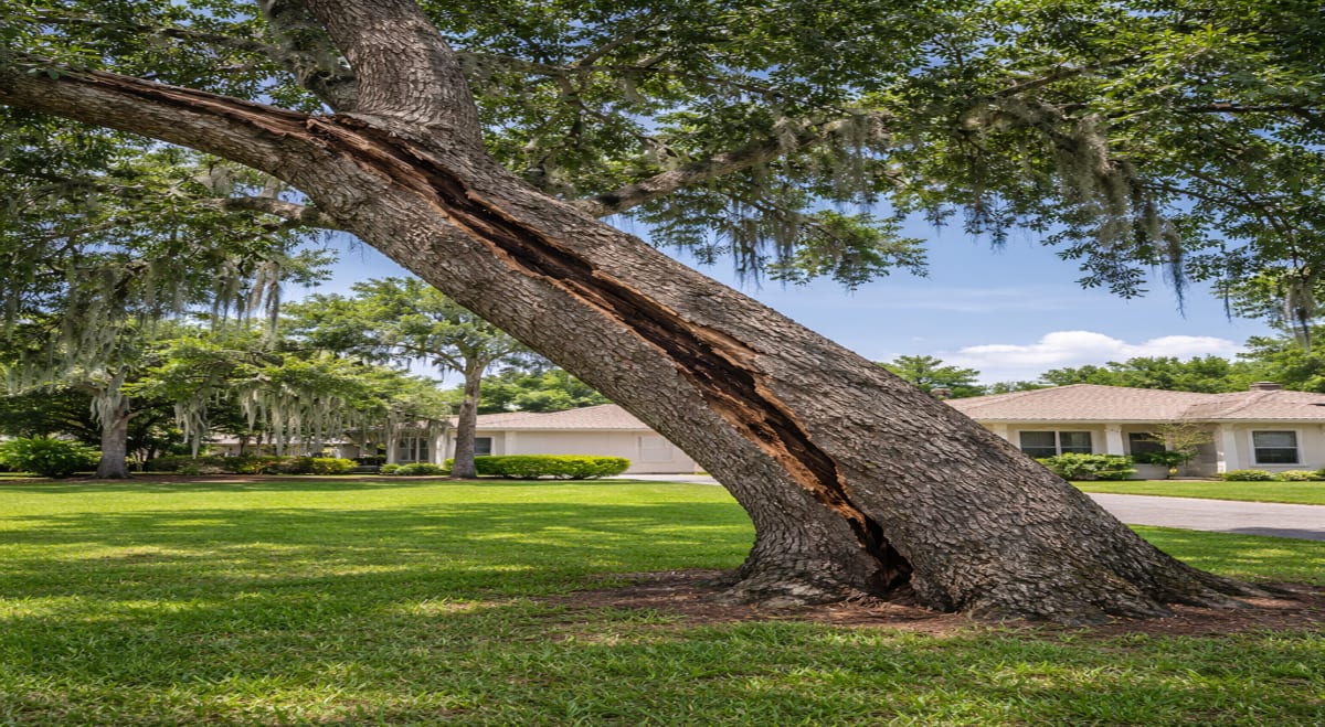 Leaning tree near a home showing signs of instability in Venice, FL