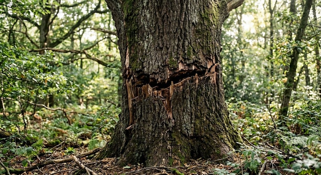 Horizontal tree trunk crack indicating imminent structural failure